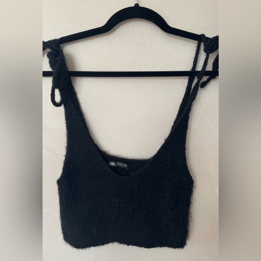 Zara Fluffy Knit Tie Strap Crop Top